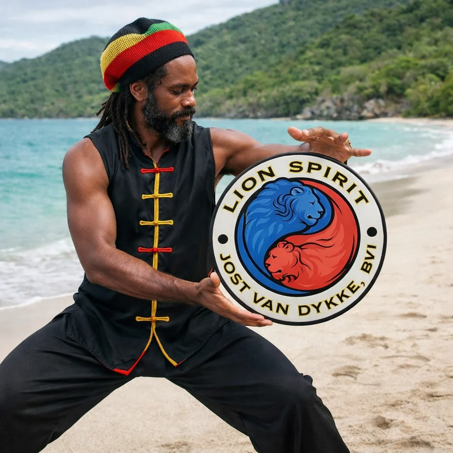 Lion Spirit founder practicing tai chi on the beach at Jost Van Dyke